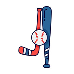 A classic sports flat icon. It fuses a baseball bat, ball, and hockey stick, symbolizing American sports and athletic competition