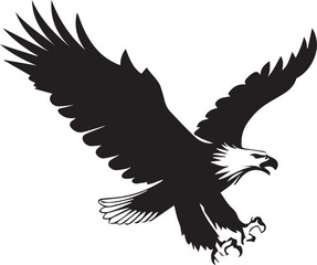 Eagle Silhouette: A powerful black and white silhouette of an eagle in mid-flight, showcasing the majestic bird's impressive wingspan and sharp talons, symbolizing freedom and strength.