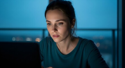 Focused businesswoman working late on laptop, city lights bokeh background, intense concentration