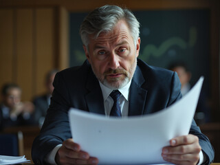 An elderly caucasian man is reviewing documents in a professional setting, showcasing the relationship between aging population and technology