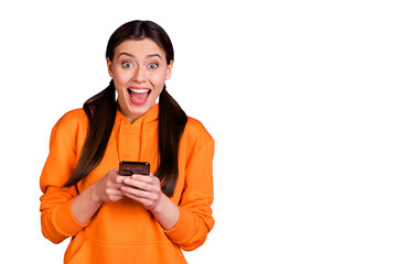 Cool blogger likes my post! Unbelievable! Portrait of crazy funky pigtails ponytails girl use her...