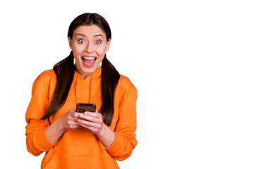 Cool blogger likes my post! Unbelievable! Portrait of crazy funky pigtails ponytails girl use her smartphone read social network wear sporty wear hood isolated over violet purple color background
