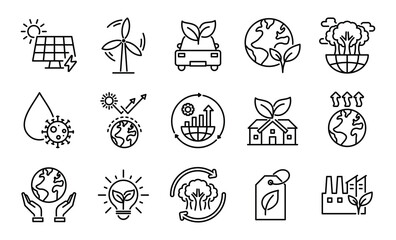 Sustainability and Environment icon pack. Includes symbols for renewable energy, recycling, green technology, biodiversity, water conservation, zero waste, and more.