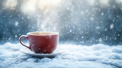 Fototapeta premium Steaming hot drink in a red mug on a snowy surface, winter scene.