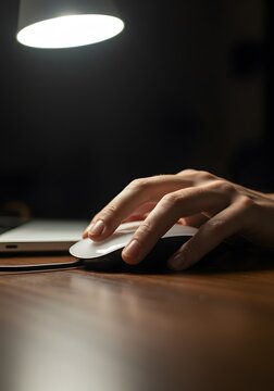 Person's hand using a computer mouse and typing on a laptop in low light, implying focus and concentration on digital tasks.