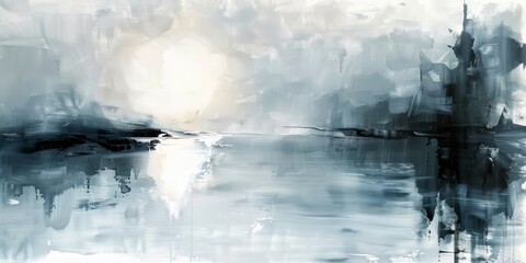 Abstract seascape painting reflecting bright sunlight in cloudy sky