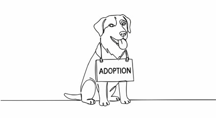 A heartwarming line art illustration of a dog with an adoption sign. 