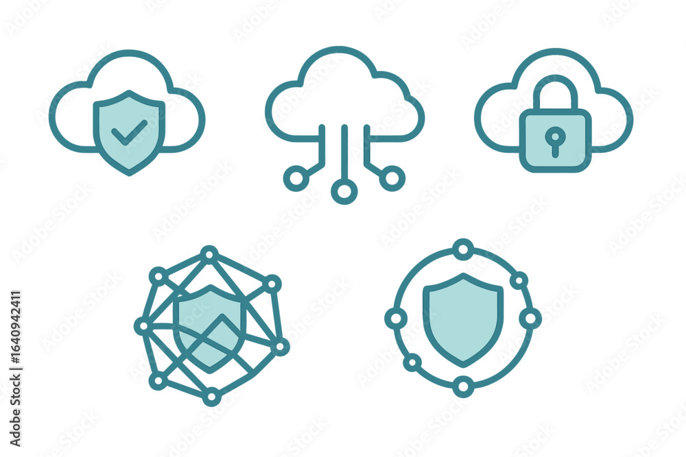 Poster cloud security icons representing data protection, encryption, and connectivity concepts in modern t