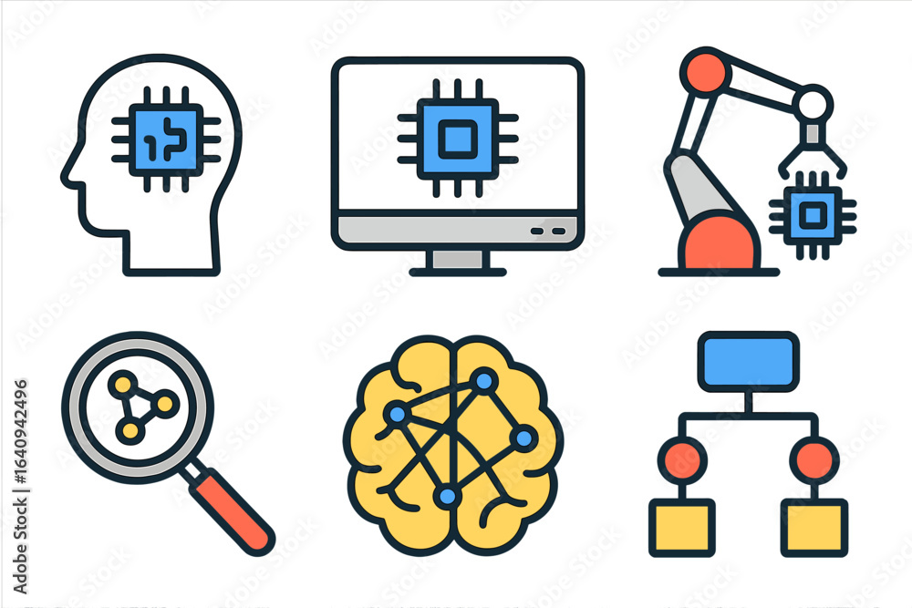 Poster illustration of artificial intelligence concepts with a focus on technology, robotics, and data proc