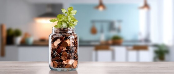 The jar filled with coins and a thriving plant represents financial growth.