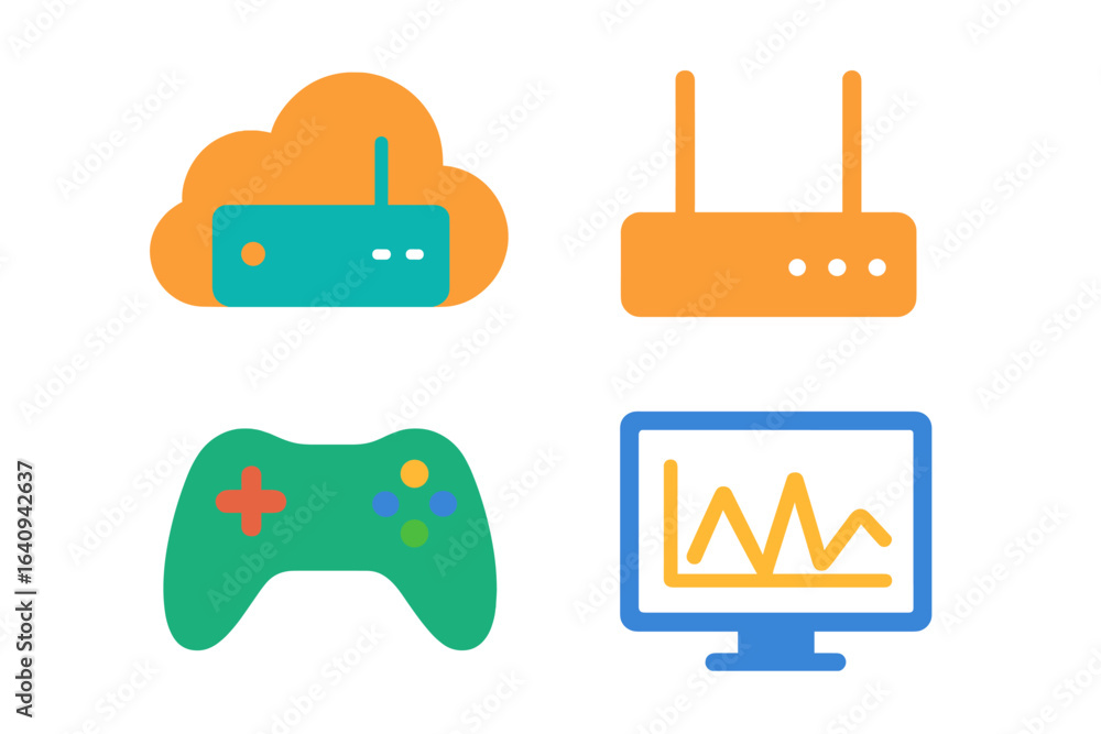 Poster digital gaming equipment setup featuring a router, cloud storage, game controller, and monitor displ