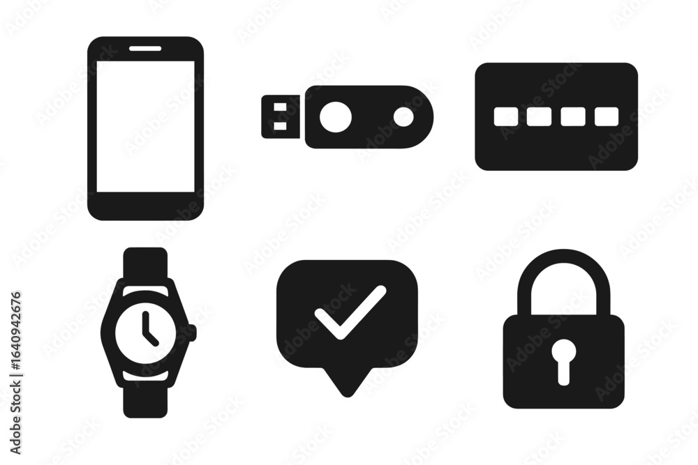 Poster digital security symbols representing modern technology and data protection methods in a simple, gra