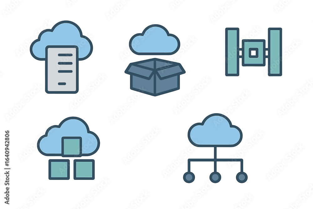 Poster cloud computing icons showcasing storage, data management, and networking concepts in a minimalist d
