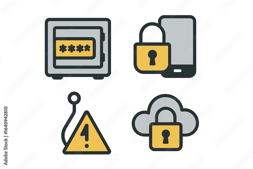 Poster symbols representing digital security, encryption, and data protection displayed in a straightforwar