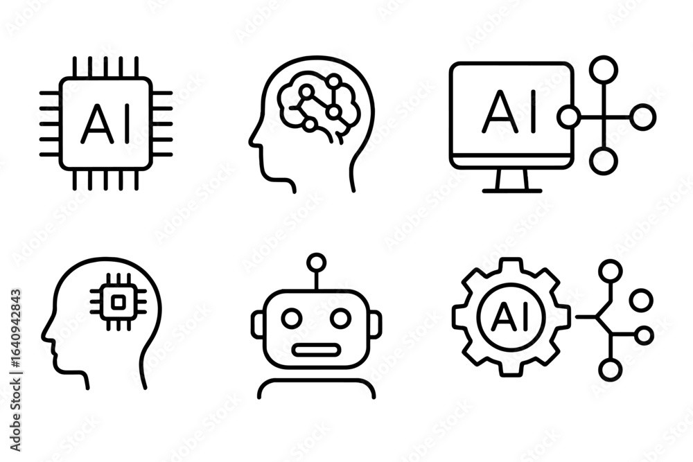 Poster various representations of artificial intelligence concepts including brain, chip, and robot illustr