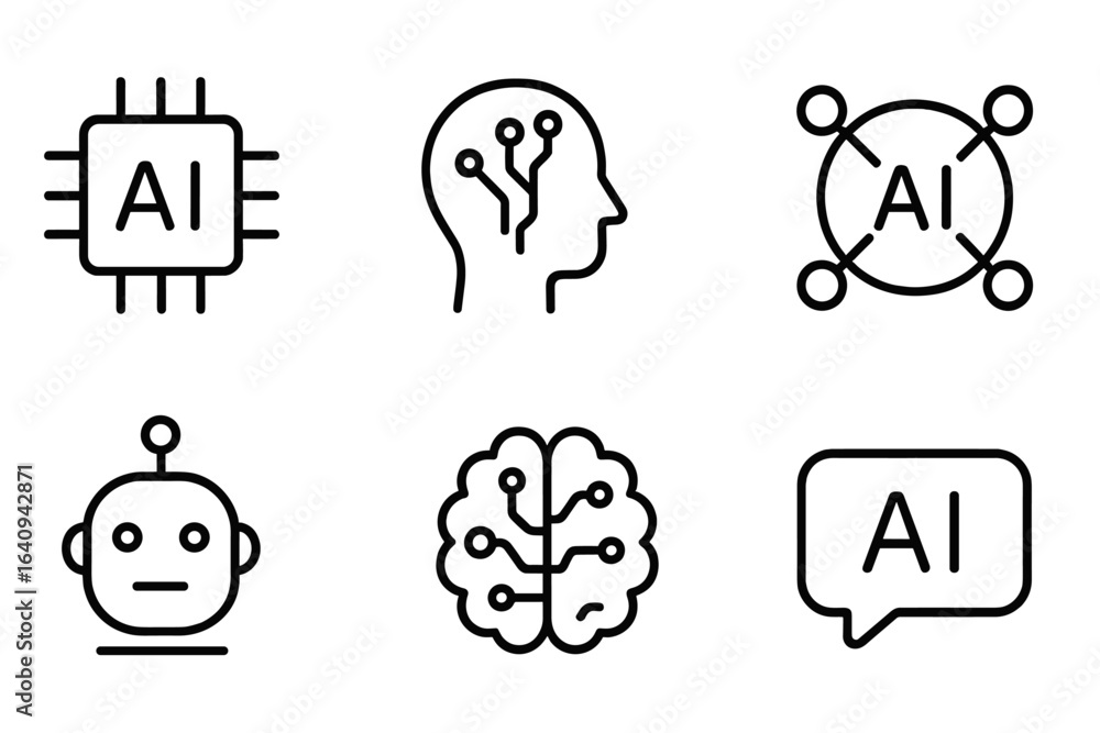 Poster various icons depicting artificial intelligence concepts including a chip, brain, and robot represen