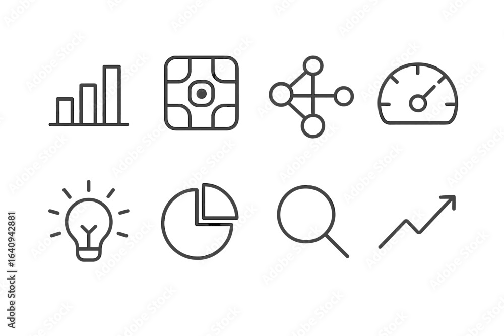 Poster icons representing various business analytics concepts and metrics for performance evaluation in a m