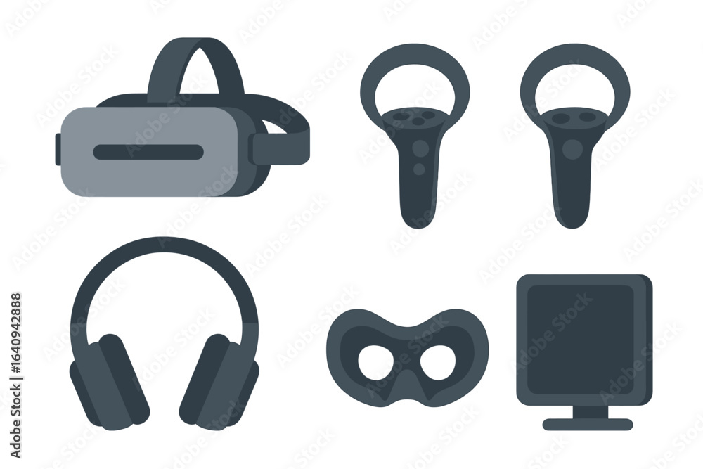 Poster virtual reality gear collection including headset and controllers in a modern design setting