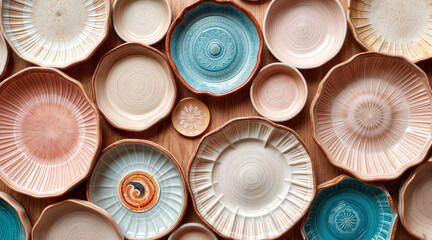 many empty ceramic plates, colorful serving plates seen from above on a wooden table, banner for pottery class workshop