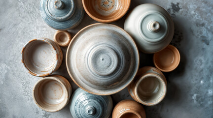 many empty ceramic plates, colorful serving plates seen from above,  banner for pottery class workshop