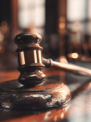 wooden gavel on a desk in a law court used by a judge, wallpaper with copy space  