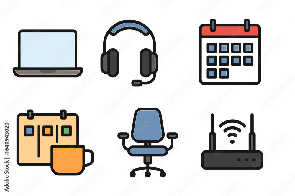 Poster essential elements of a home office setup featuring technology and organization for productivity and