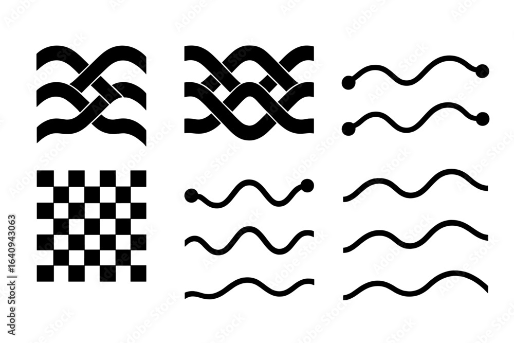 Poster various patterns featuring abstract designs with intertwining lines and shapes displayed on a plain 