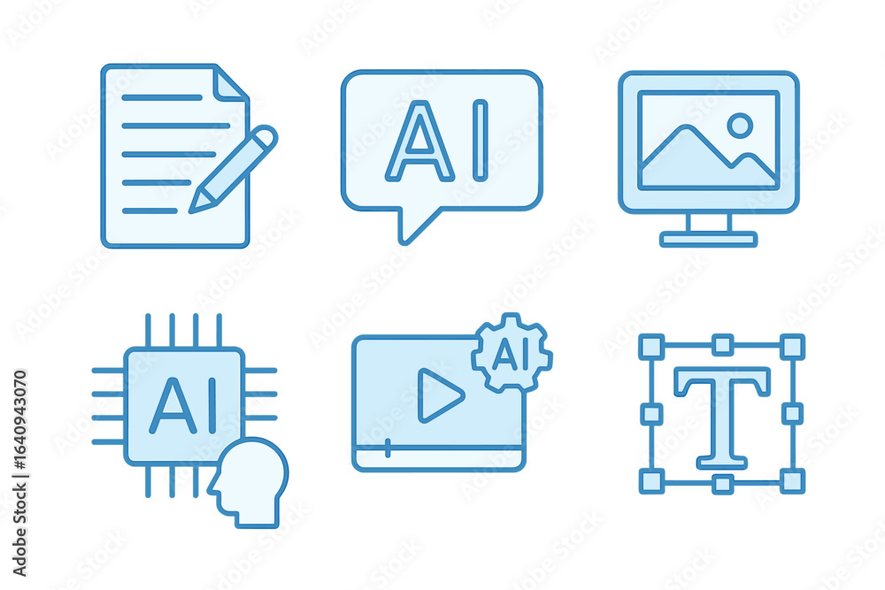 Poster icons representing concepts of artificial intelligence, technology, and digital content creation in 
