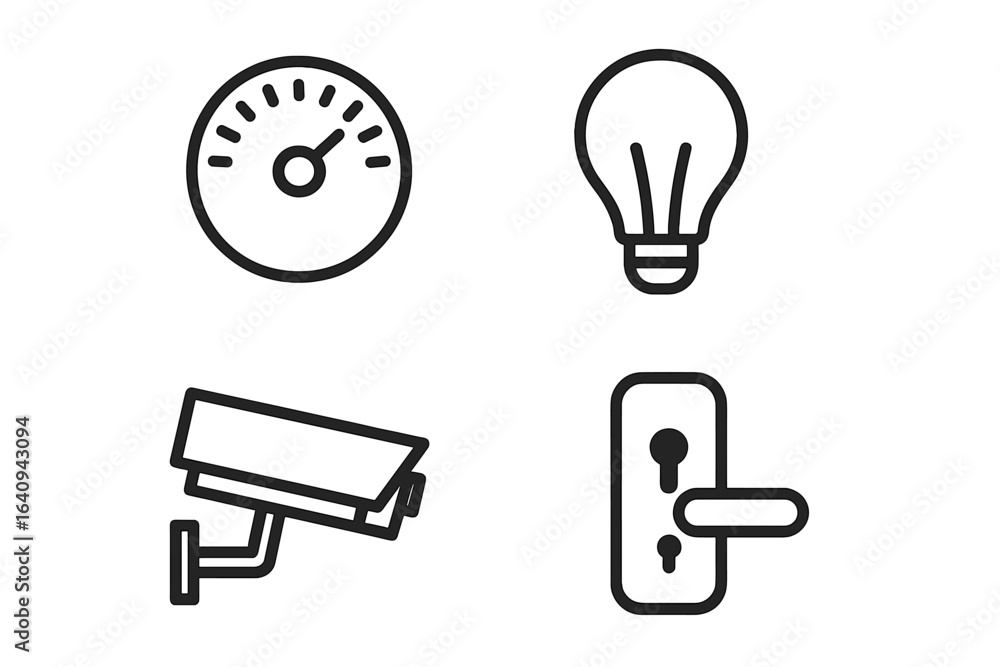 Poster various security and monitoring devices are illustrated with simple line art in black and white styl