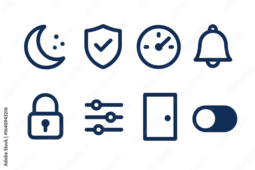 Poster icons representing various functions in user interface design showcasing security, notifications, an