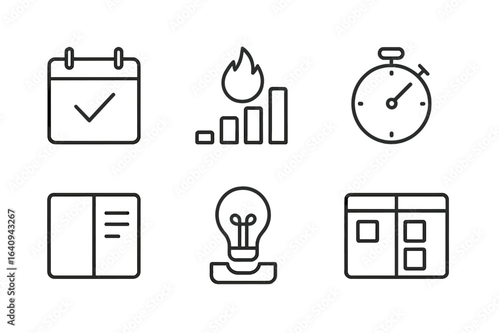 Poster set of simple line icons representing time management, planning, and productivity tools