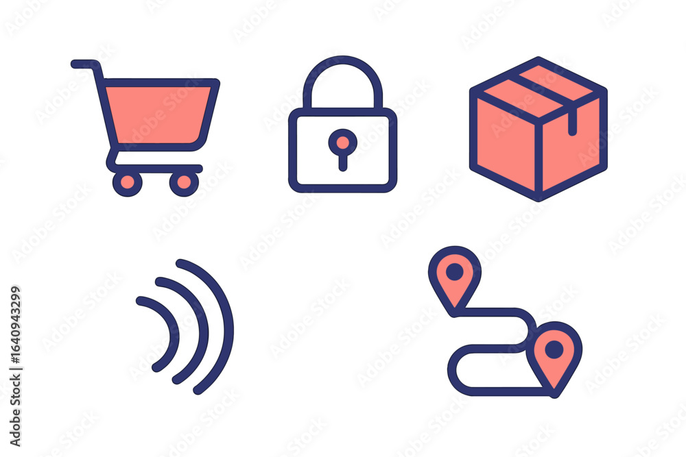 Poster shopping cart icons with secure lock and delivery box depicted in a modern graphic design