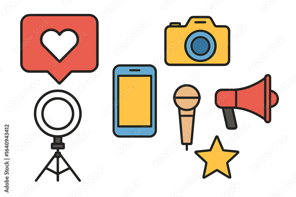 Poster elements of digital communication and content creation featuring social media icons and tools