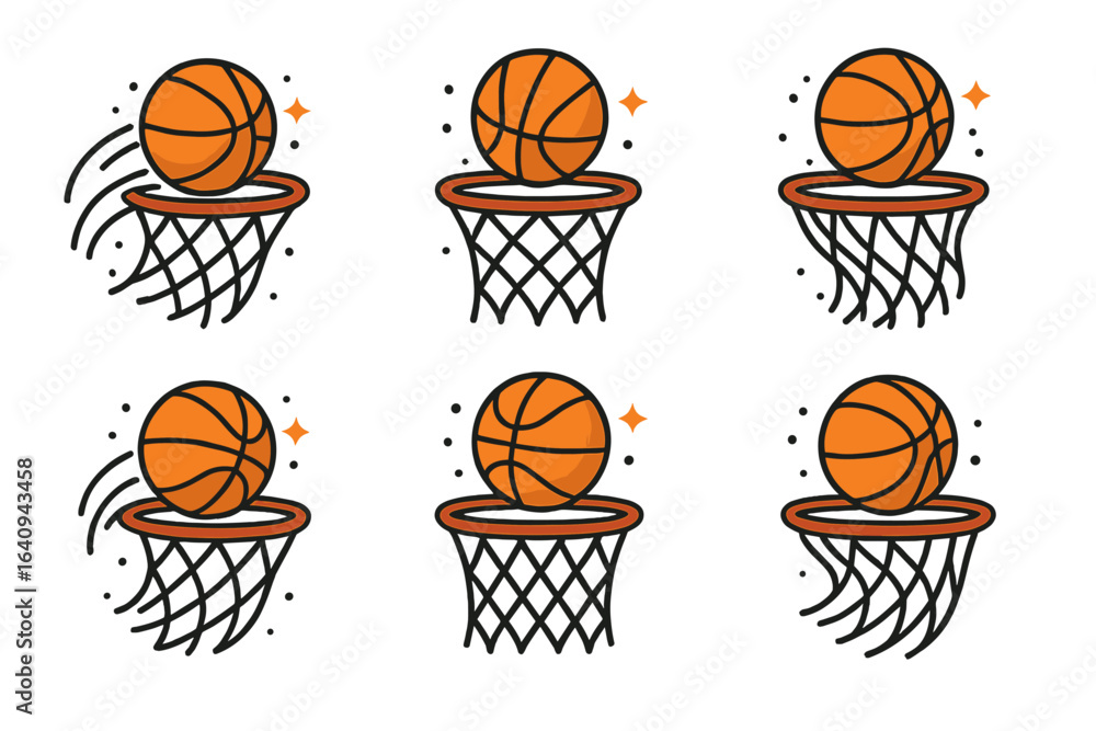 Poster basketballs bouncing towards hoops in a dynamic sequence captured with vibrant illustrations