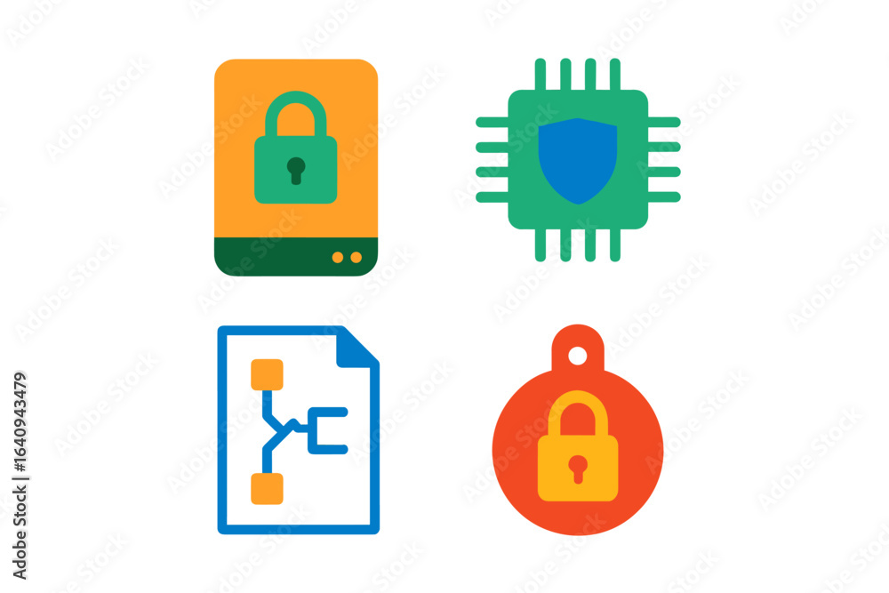 Poster colorful icons representing cybersecurity concepts including data protection, secure connections, an