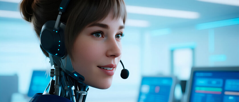 Mujer cyborg de atenci&oacute;n al cliente en call center