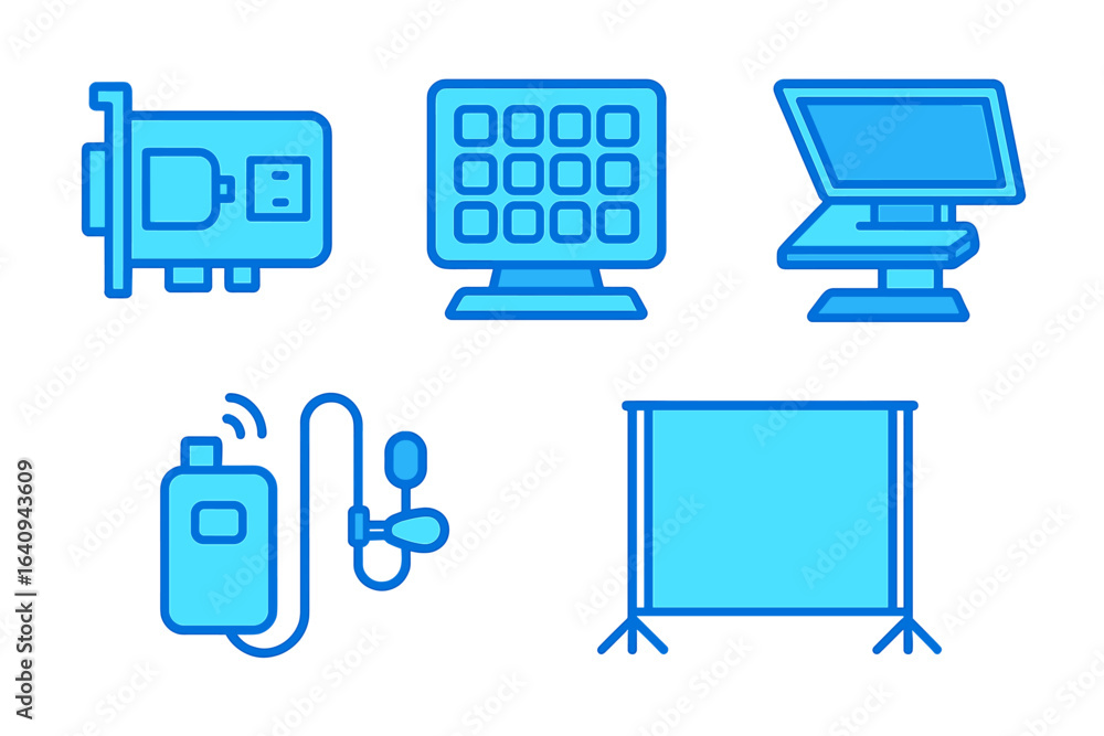 Poster modern technology icons representing connectivity, computing, and presentation equipment arranged in