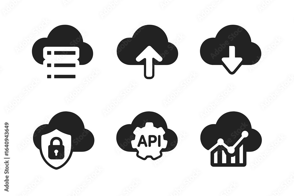 Poster icons representing cloud computing concepts such as data storage, upload, download, and security mea
