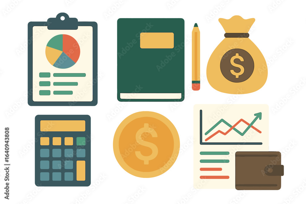 Poster financial planning tools displayed on a table with a calculator, notebook, and charts during a busin