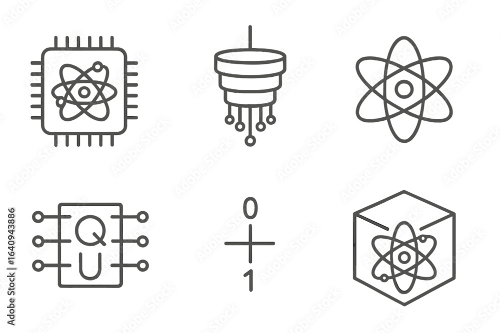 Poster modern illustrations of quantum computing concepts and symbols displayed on a digital background