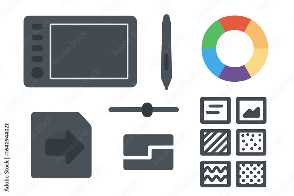 Aufkleber digital graphic design tools and elements showcased in a creative workspace setup with a color wheel