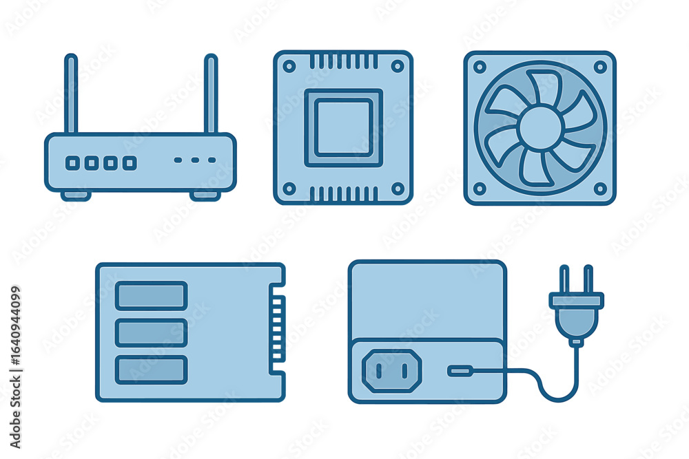 Poster network and electronic components arranged in a structured layout for technology and engineering pur
