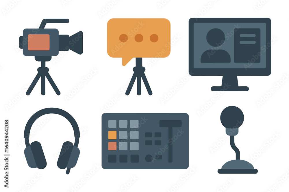 Aufkleber recording equipment on display for a virtual conference setup with various tools for content creatio