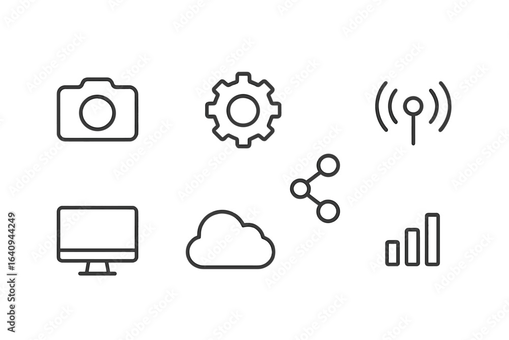 Poster modern technology icons representing various aspects of digital connectivity and photography in a mi