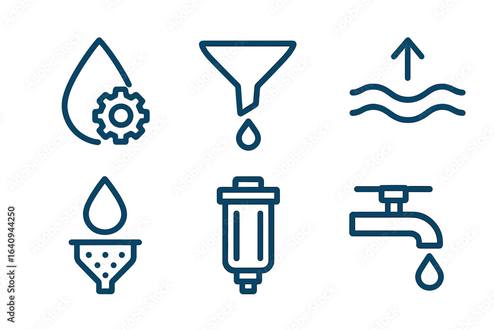 Poster water filtration process illustrated with icons showing essential components and functions for clean