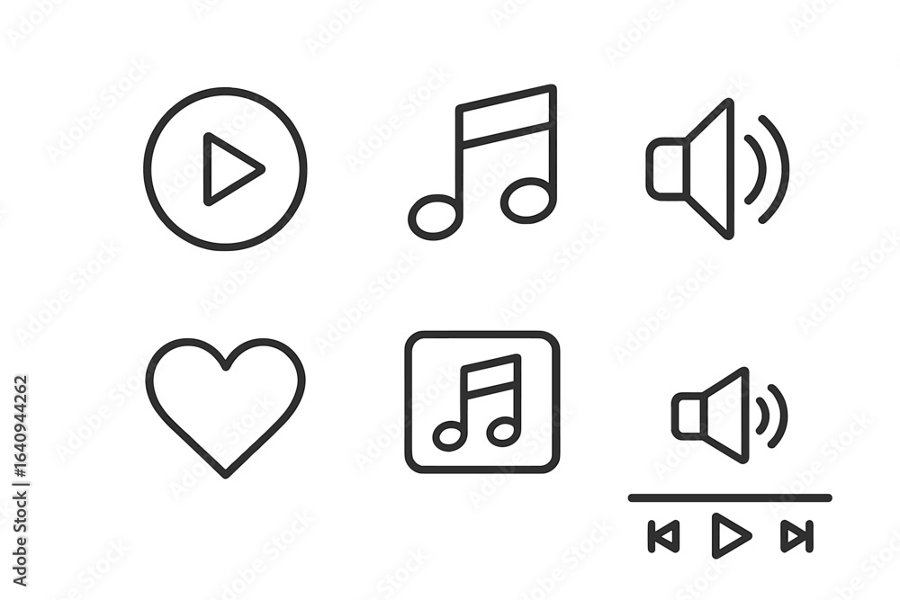 Poster music play button, notes and sound icons illustrating a digital audio interface for streaming or pla