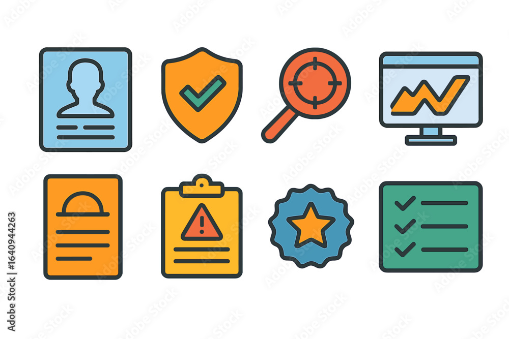 Poster visual representation of various security and data analysis icons in a flat design style for digital