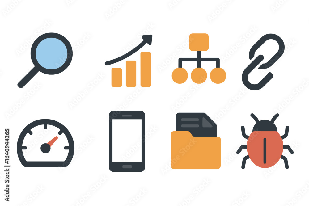 Poster icons depicting various aspects of digital analytics and technology in a modern design style for com