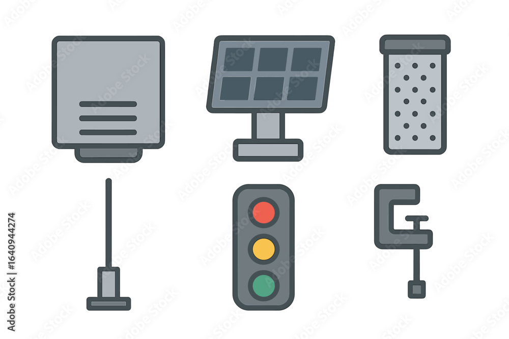 Poster various icons representing different technologies and tools used in energy, traffic management, and 