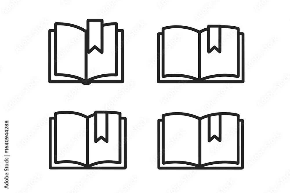 Poster collection of simple line drawings of open books with bookmarks in various positions